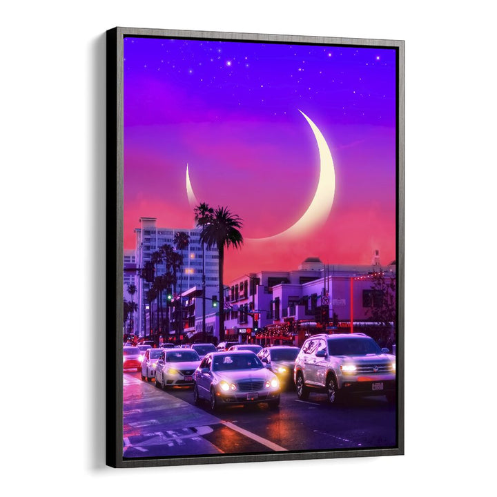 Vibrant NEONSTHETIC, SURREAL ART PRINTS by Ritvik Takkar, featuring a dreamy cityscape with a crescent moon.