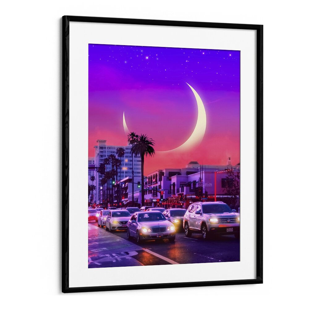 Vibrant NEONSTHETIC, SURREAL ART PRINTS by Ritvik Takkar, featuring a dreamy sunset and urban scene in a black frame.