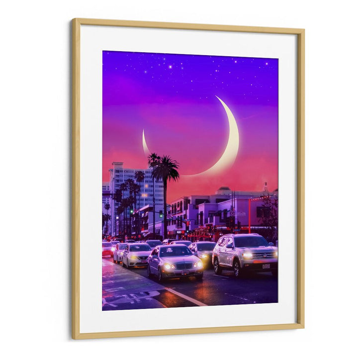 Vibrant NEONSTHETIC, SURREAL ART PRINTS featuring a dreamy cityscape by Ritvik Takkar in an elegant oak frame.