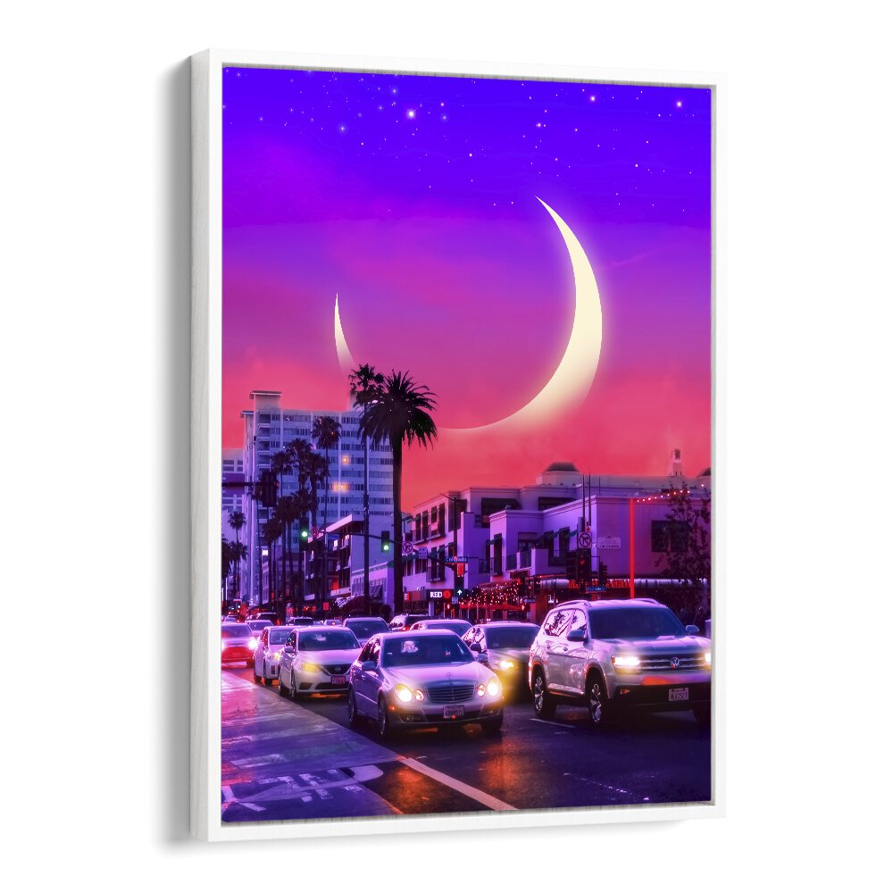 Vibrant NEONSTHETIC, SURREAL ART PRINTS by Ritvik Takkar, showcasing a dreamy cityscape with a mystical moon.