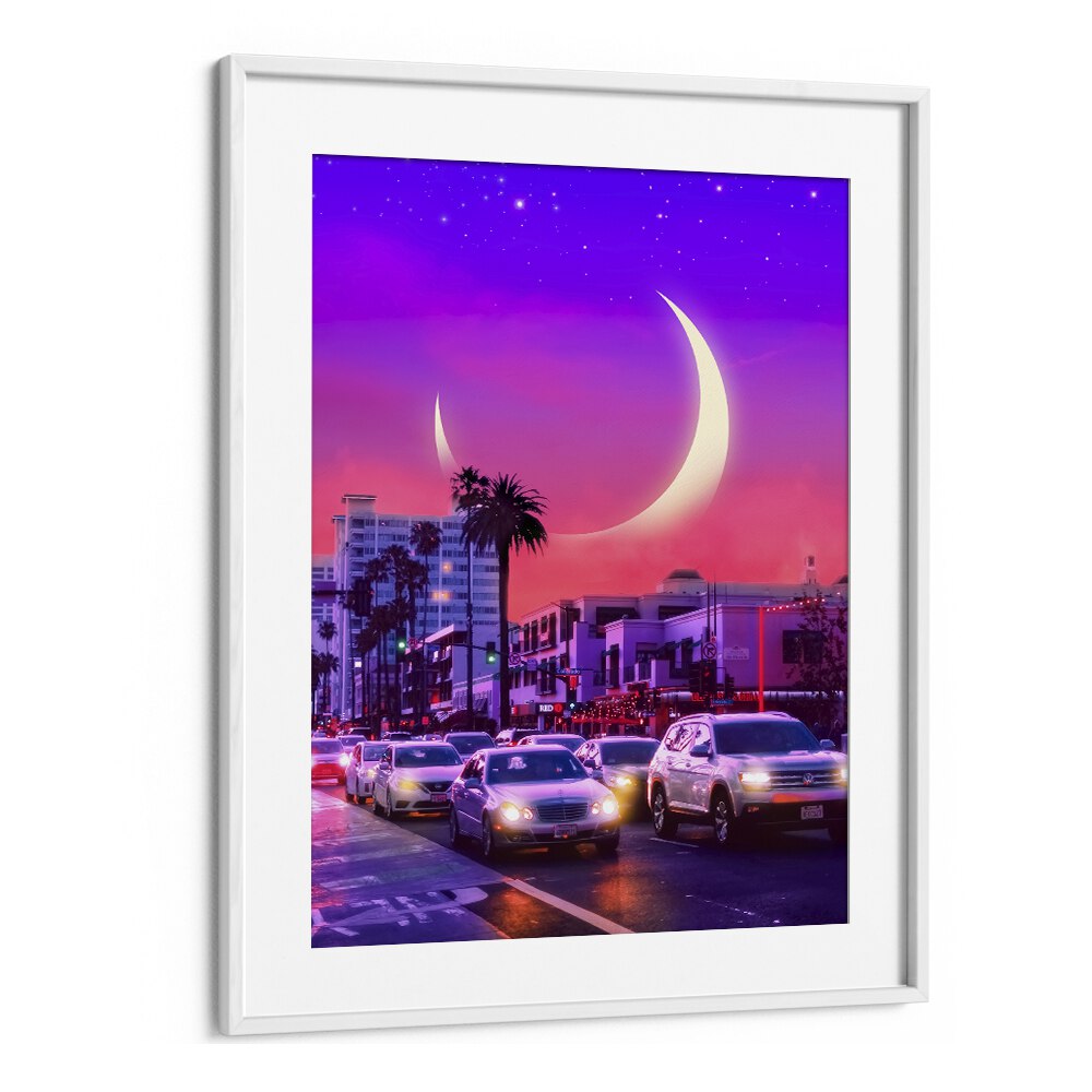 Vibrant NEONSTHETIC, SURREAL ART PRINTS by Ritvik Takkar, showcasing a stunning urban night scene in a white frame.