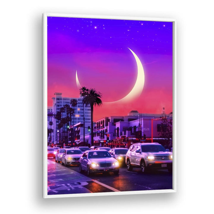 Vibrant NEONSTHETIC, SURREAL ART PRINTS by Ritvik Takkar showcase a dreamy twilight scene with palm trees and a crescent moon.