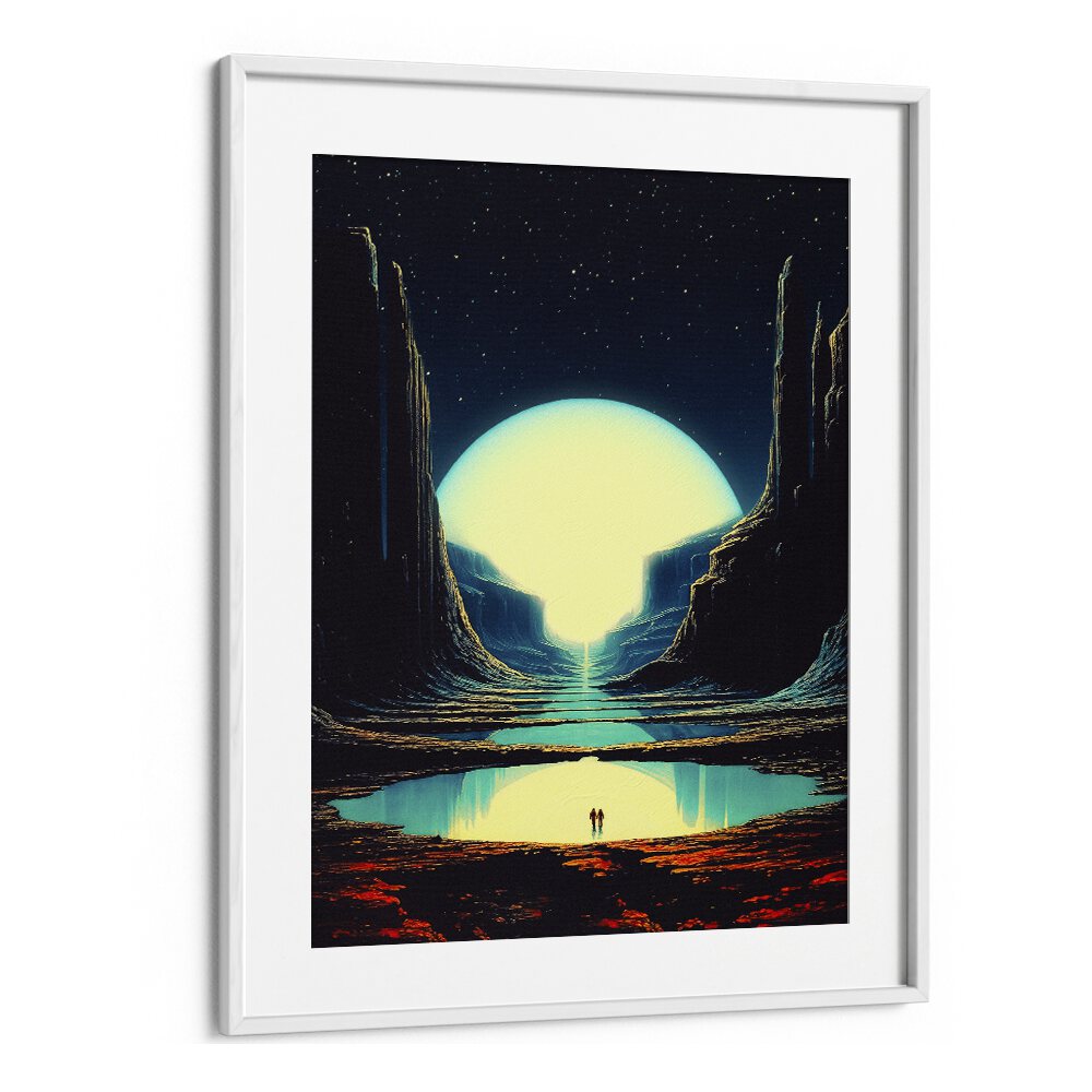 "NEVER LOST WITH YOU, SURREAL ART PRINTS in a white frame, capturing a mesmerizing cosmic landscape by Taudalpoi."