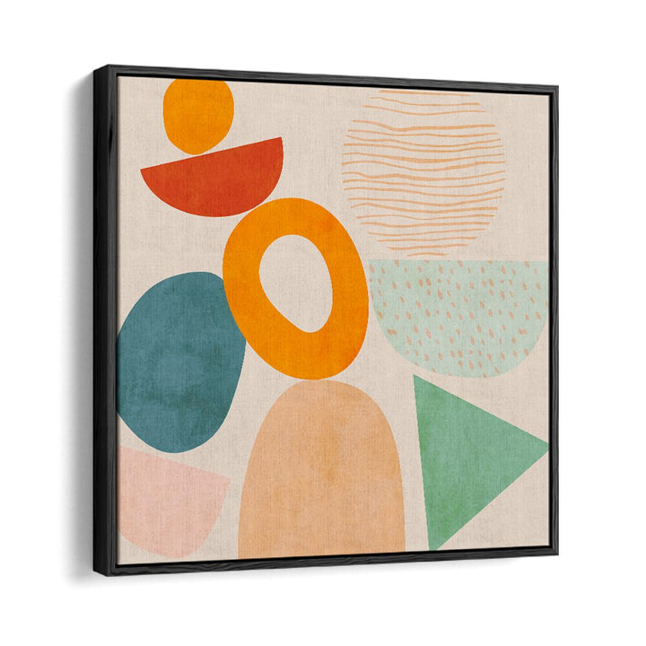 Colorful geometric forms in NEW SHAPES PLAY II, ABSTRACT PAINTINGS by Ana Rut Bre, framed beautifully for art lovers.