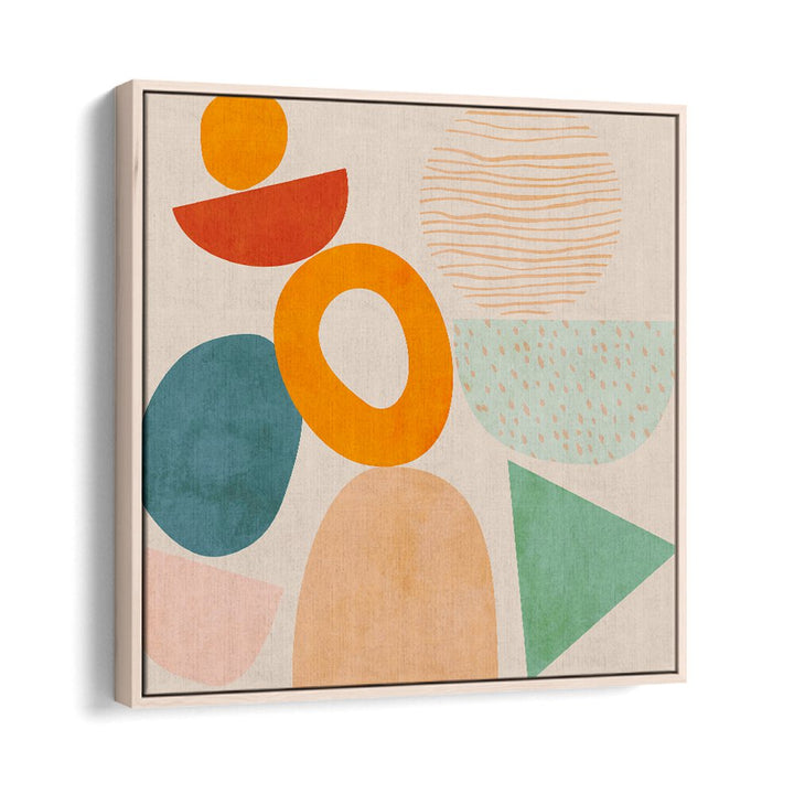 Colorful geometric shapes in NEW SHAPES PLAY II, ABSTRACT PAINTINGS by Ana Rut Bre, framed in oak wood.