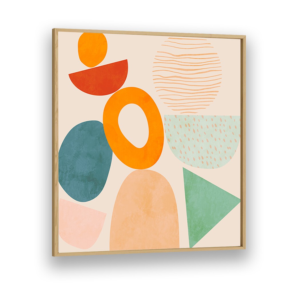 Colorful abstract composition featuring NEW SHAPES PLAY II, ABSTRACT PAINTINGS by Ana Rut Bre in a sleek oak frame.