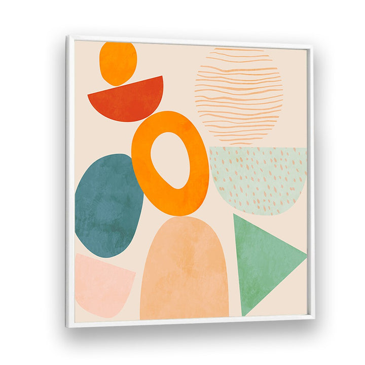 Colorful geometric forms blend harmoniously in NEW SHAPES PLAY II, ABSTRACT PAINTINGS by Ana Rut Bre.