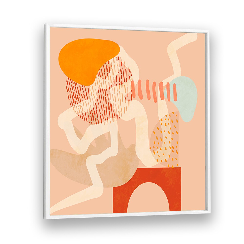 Colorful abstract art piece "NEW SHAPES PLAY III, ABSTRACT PAINTINGS" by Ana Rut Bre in a white frame. Enhance your space!