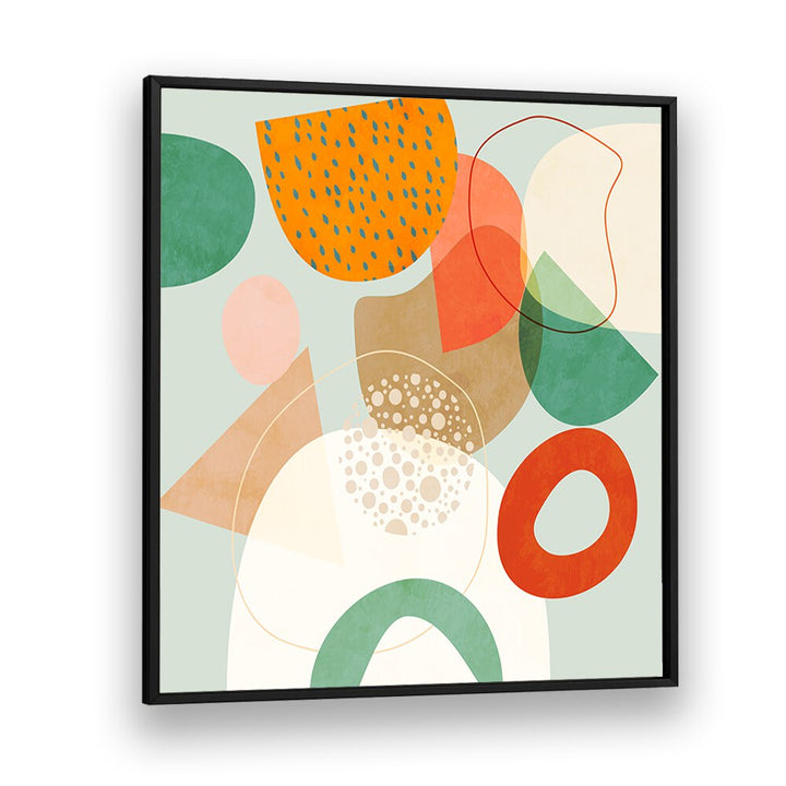 Colorful abstract composition featuring NEW SHAPES PLAY IV, ABSTRACT PAINTINGS by Ana Rut Bre in a sleek black frame.