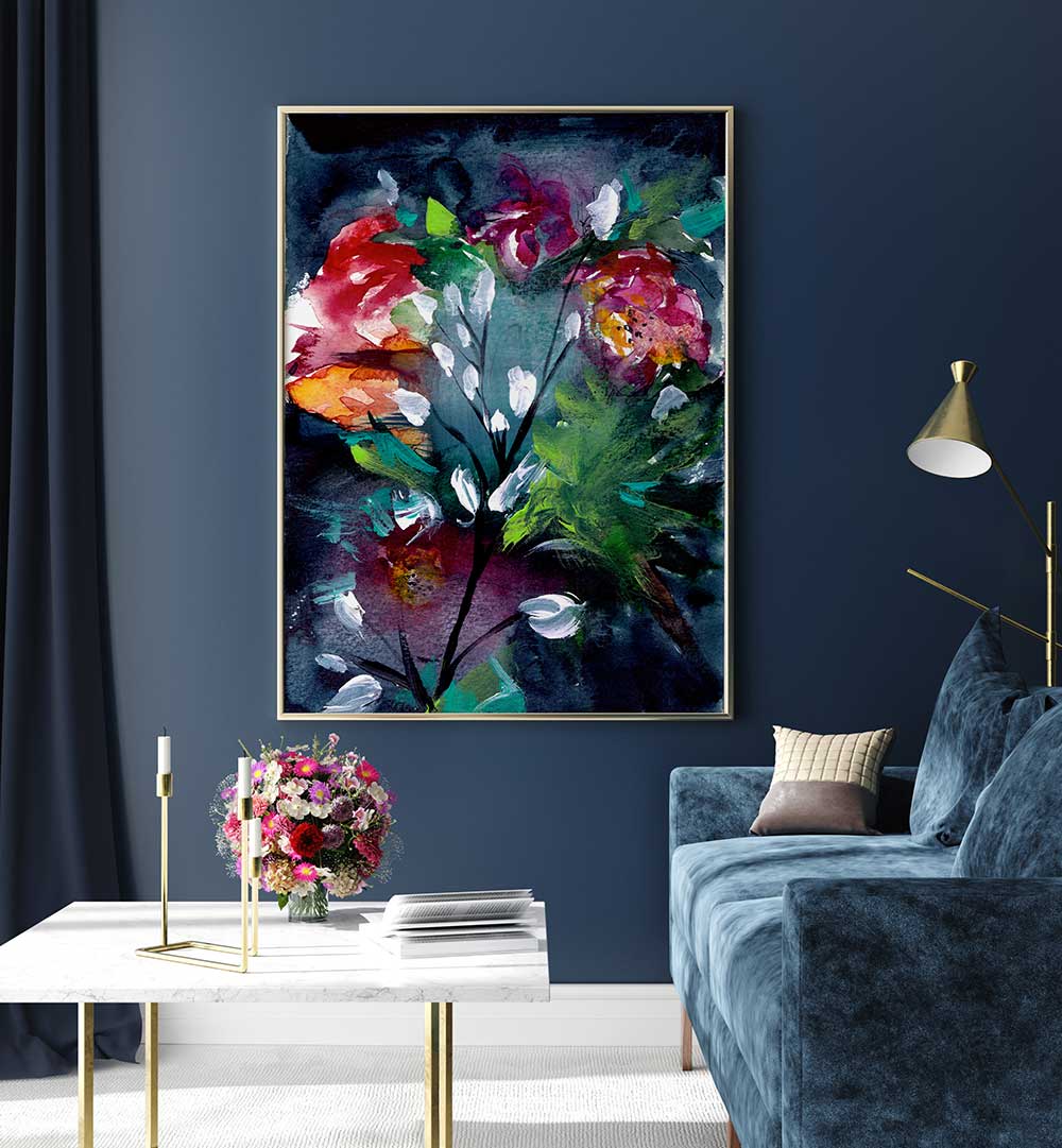 NIGHT GARDEN III , FLORAL FLOWER PAINTINGS