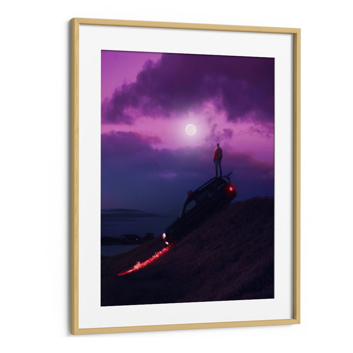 Surreal art print "NIGHTCALL" by Ritvik Takkar, showcasing a dreamy landscape with a striking moonlit scene.