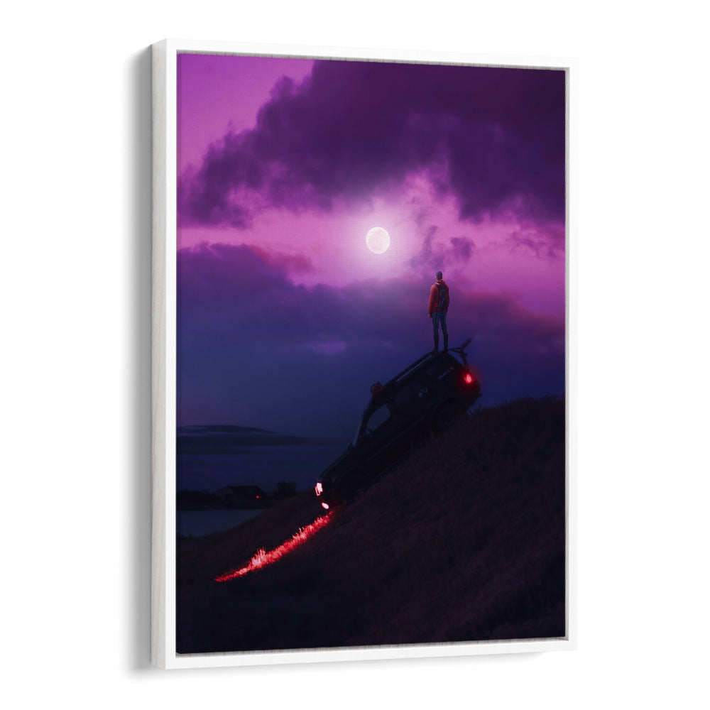NIGHTCALL, SURREAL ART PRINTS showcase a mysterious landscape with a figure atop a car under a moonlit sky.