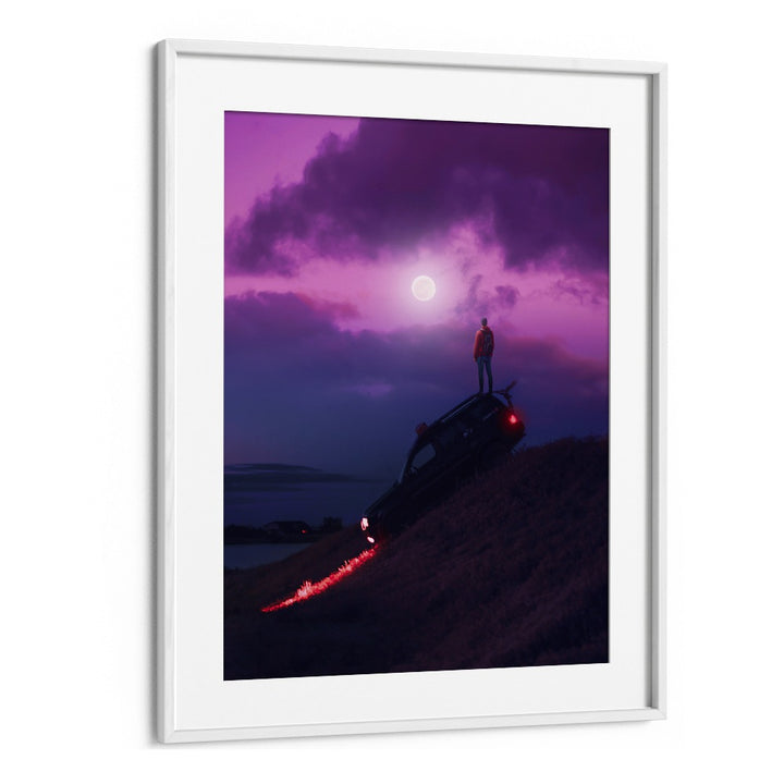 Experience the dreamlike scenery of NIGHTCALL, SURREAL ART PRINTS by Ritvik Takkar, featuring a striking car and moonlit sky.