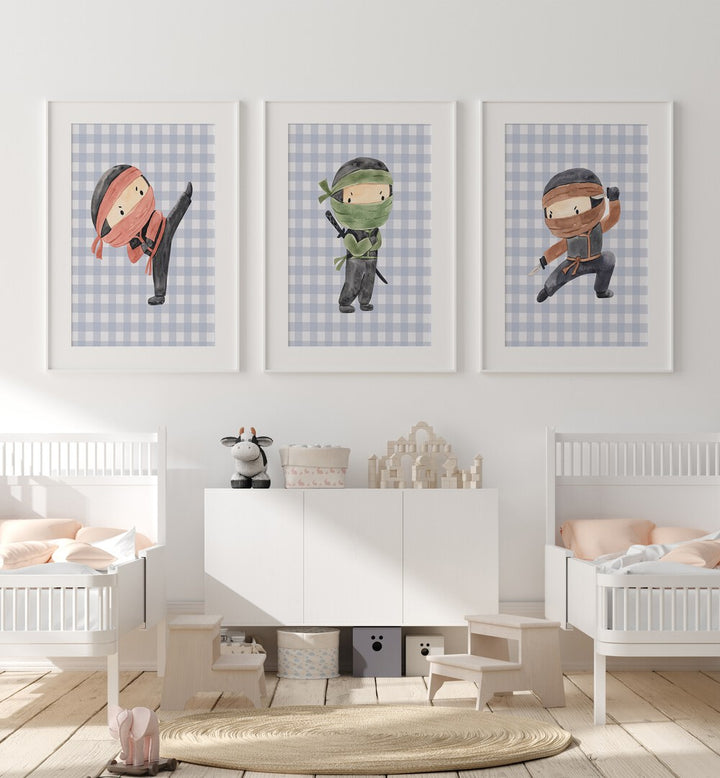 Colorful NINJA, SET OF 3 PAINTINGS to brighten your child's room with vibrant martial arts art prints.