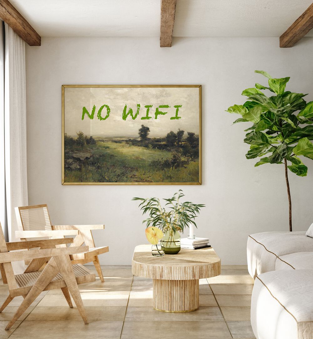 Bright and modern NO WIFI I, ALTERED ART PRINTS adorn a stylish living room, enhancing creative decor by The Art Concept.