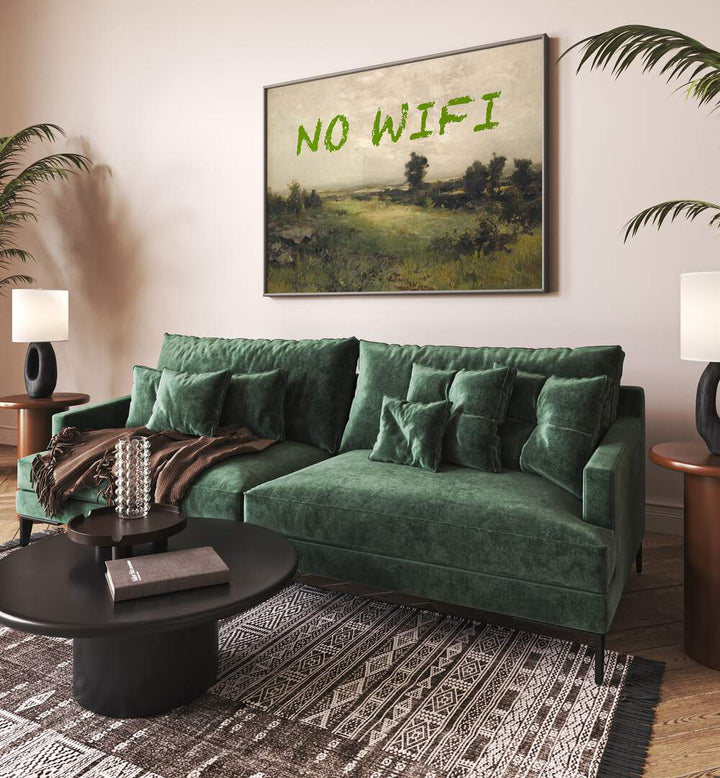 Modern living room decor featuring NO WIFI I, ALTERED ART PRINTS, adding creativity and style by The Art Concept.