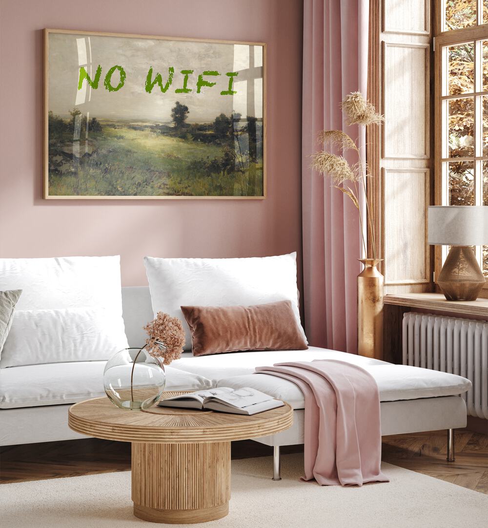 Stylish living room featuring NO WIFI I, ALTERED ART PRINTS, enhancing modern decor with creative flair by The Art Concept.