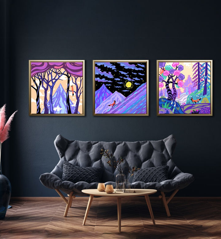 Explore the NOMAD FOX SET, SET OF 3 PAINTINGS, featuring vibrant art that showcases the beauty of nature and elusive foxes.