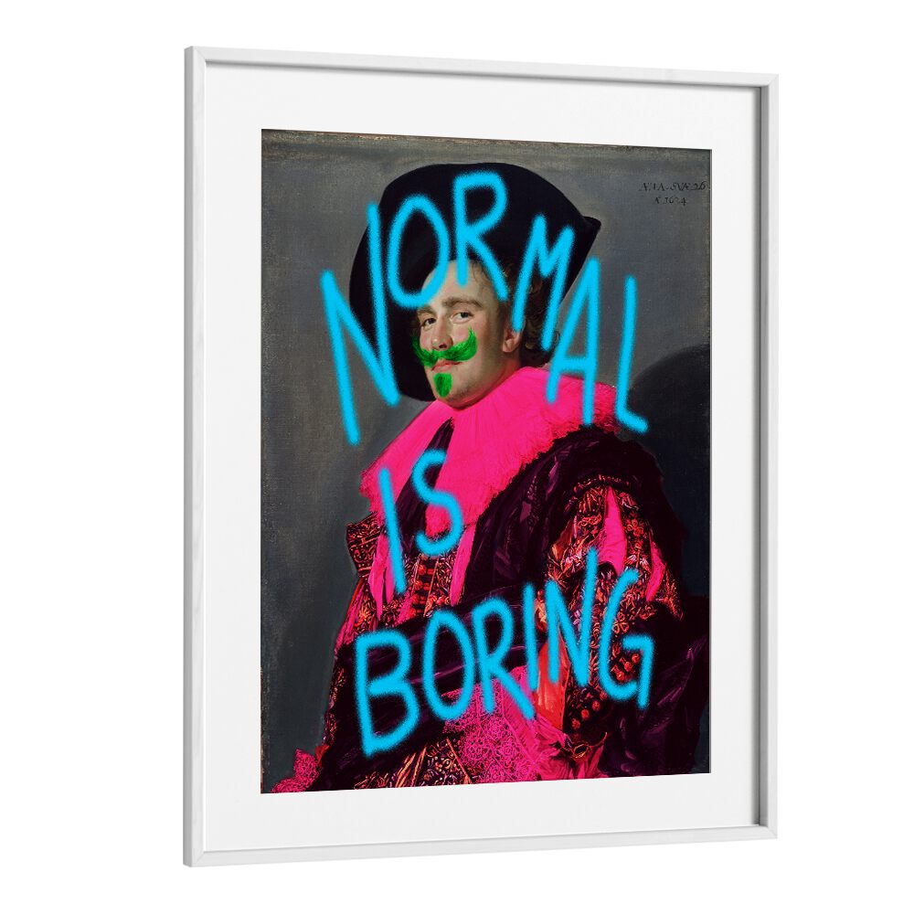 Bold typography poster stating "NORMAL IS BORING, QUOTES" in vibrant colors, perfect for a creative space.