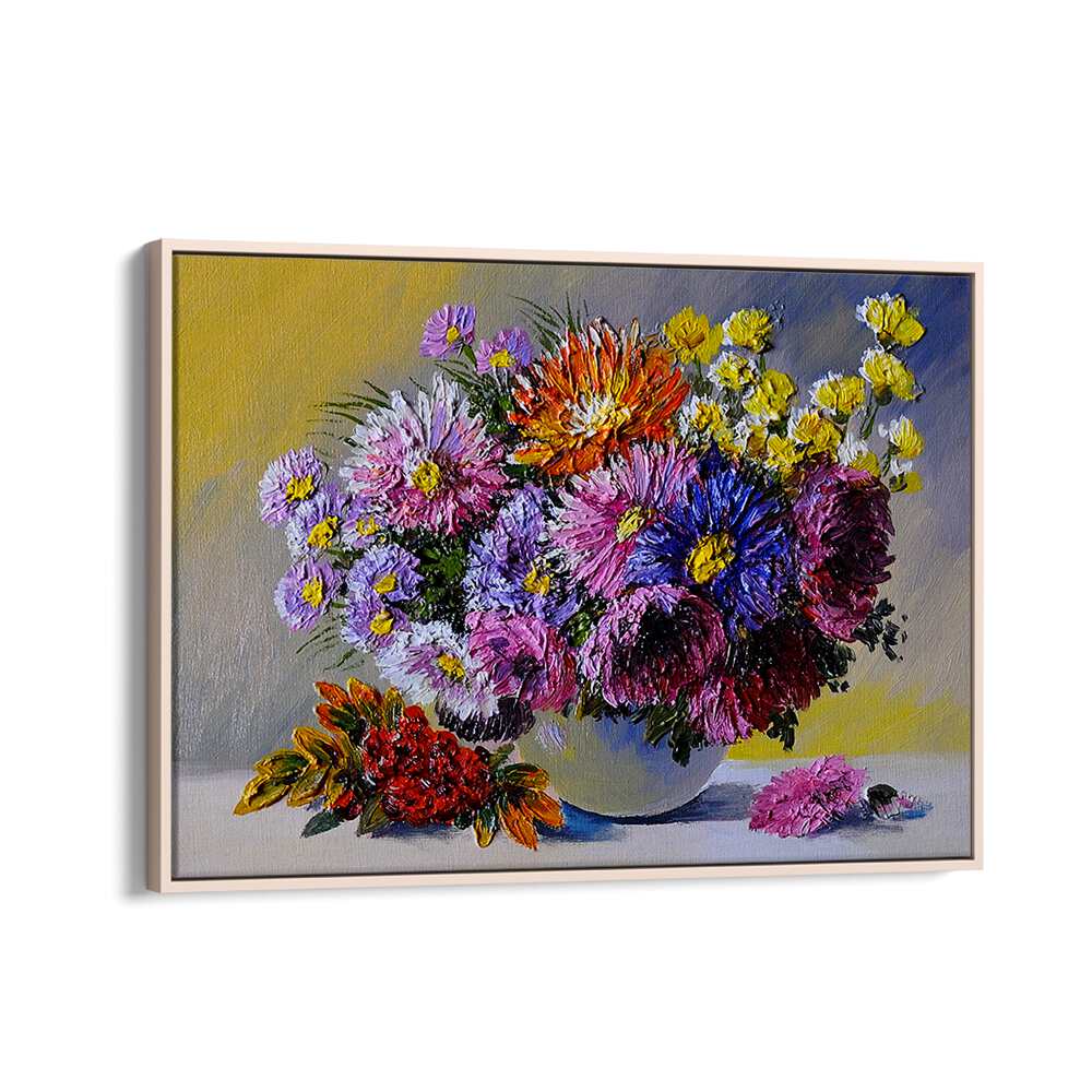 Vibrant NURTURED BLOSSOMS, VINTAGE EUROPEAN PAINTINGS in an oak floater frame, celebrating nature's delicate beauty.