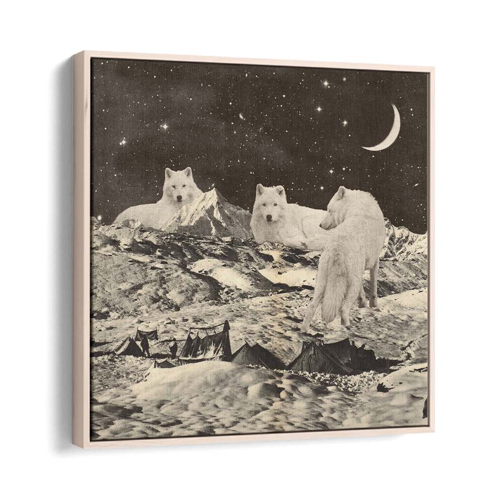 Surreal art print featuring giant white wolves against a starry night sky, ideal for nature lovers and dreamers.