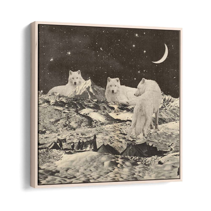 Surreal art print featuring giant white wolves against a starry night sky, ideal for nature lovers and dreamers.