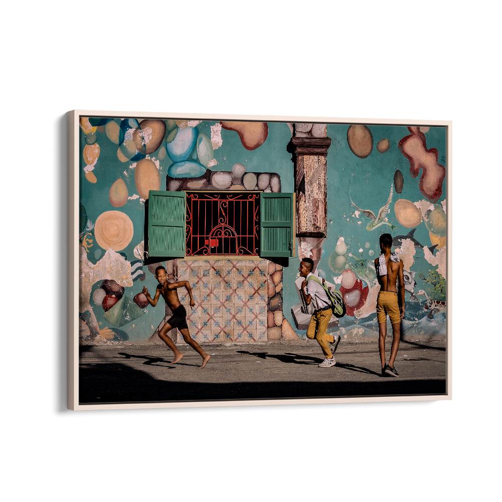 Children play joyfully against a colorful backdrop in this vibrant piece from CHILDHOOD, PHOTOGRAPHY PRINTS collection.