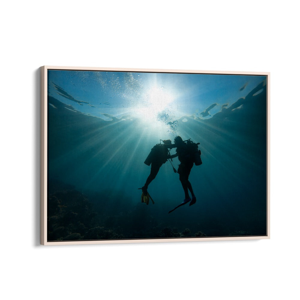 Elegant underwater scene featuring divers, showcasing TRUST ME, PHOTOGRAPHY PRINTS collection's artistic beauty.