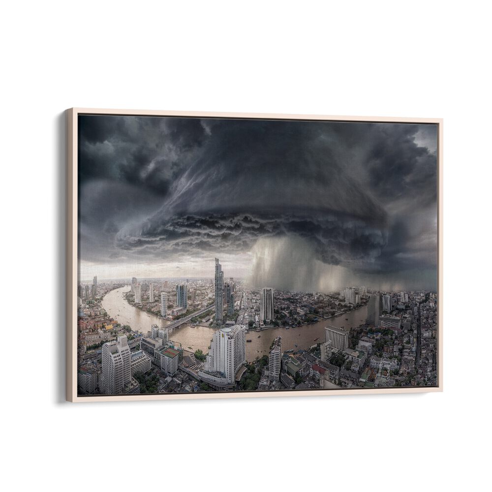 Dramatic clouds loom over Bangkok in this captivating BANGKOK RAIN, PHOTOGRAPHY PRINTS artwork, perfect for surrealist lovers.