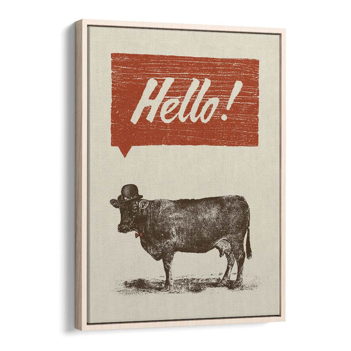 Quirky HELLO, QUOTES poster featuring a cow in a hat, perfect for unique home decor by Florent Bodart.