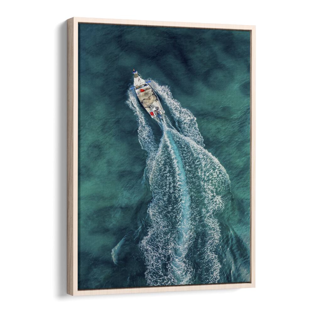 Stunning AERIAL PURSUIT, PHOTOGRAPHY PRINTS showcasing a boat's dynamic wake against vibrant turquoise waters.