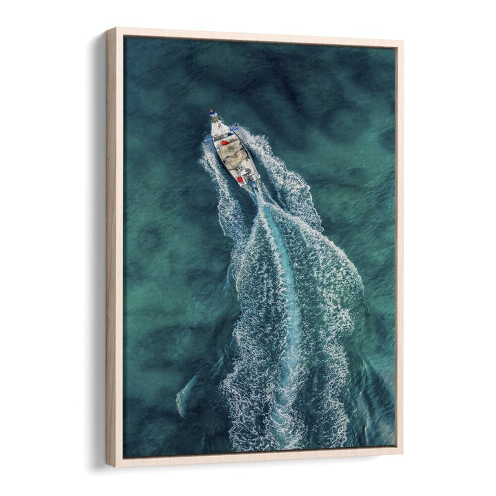 Stunning AERIAL PURSUIT, PHOTOGRAPHY PRINTS showcasing a boat's dynamic wake against vibrant turquoise waters.
