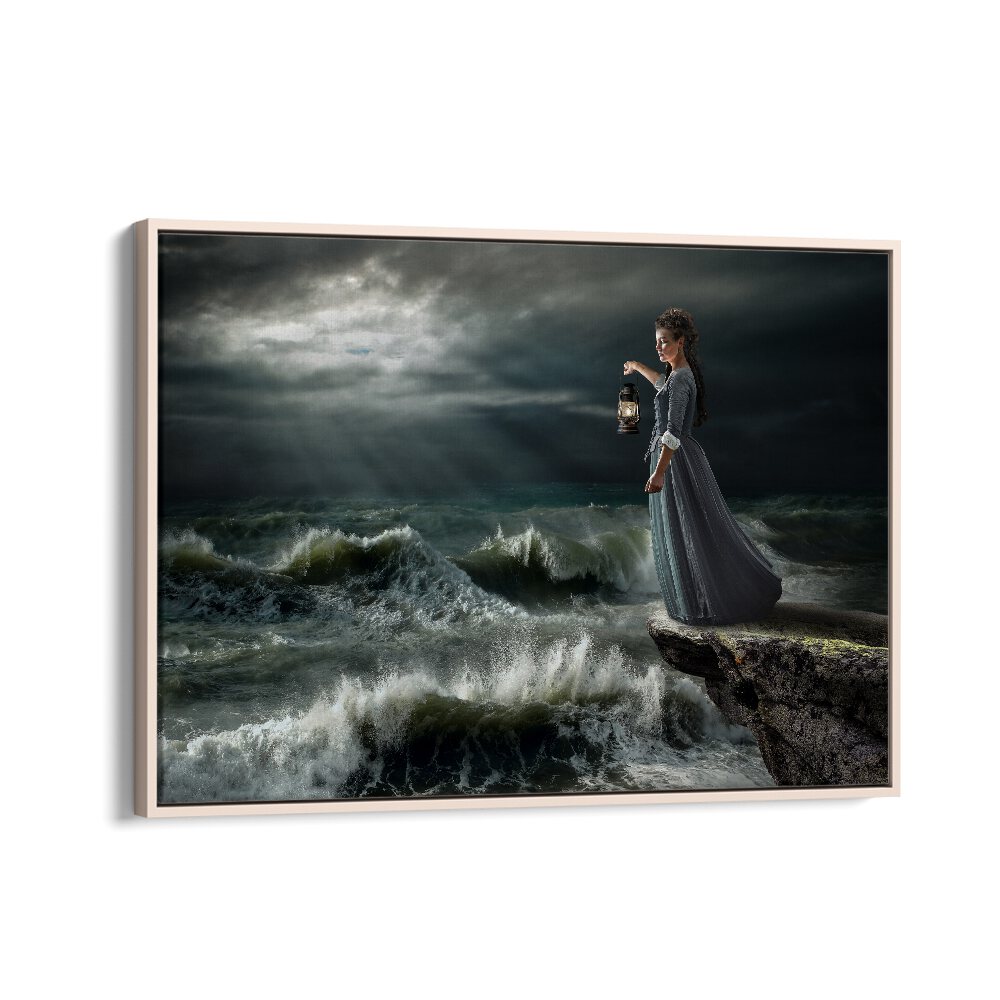 Surreal STORM MAID, PHOTOGRAPHY PRINTS capturing a woman with a lantern against dramatic waves and dark skies.