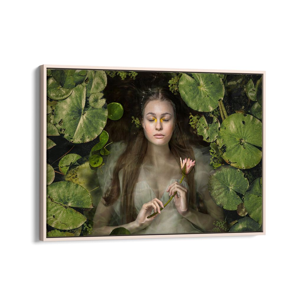 SILENT DREAM photography prints showcase a serene scene of a woman amidst tranquil water lilies, evoking surreal beauty.