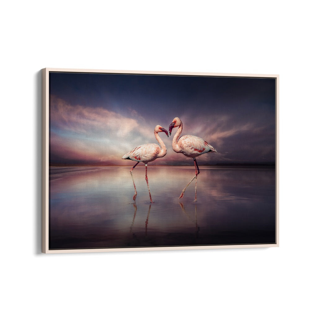 Stunning FLAMINGO LOVE photography prints showcasing two flamingos in a surreal setting, perfect for your decor.