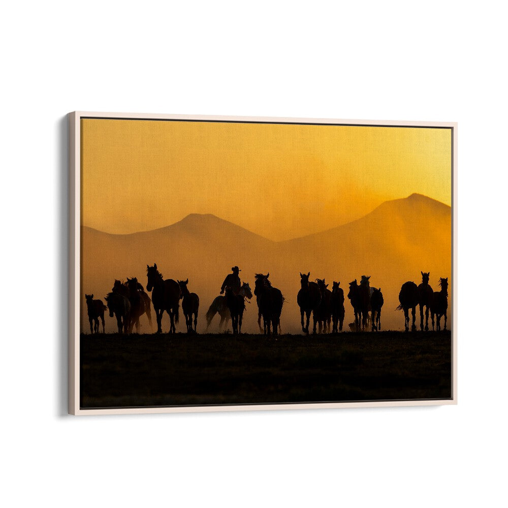 Stunning golden dusk captures horses silhouetted against mountains in AS THE SUN GOES DOWN, PHOTOGRAPHY PRINTS.