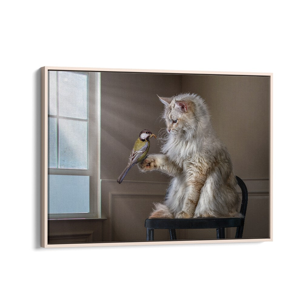 Surreal HELLO FRIEND, PHOTOGRAPHY PRINTS featuring a cat and bird, perfect for unique wall art.