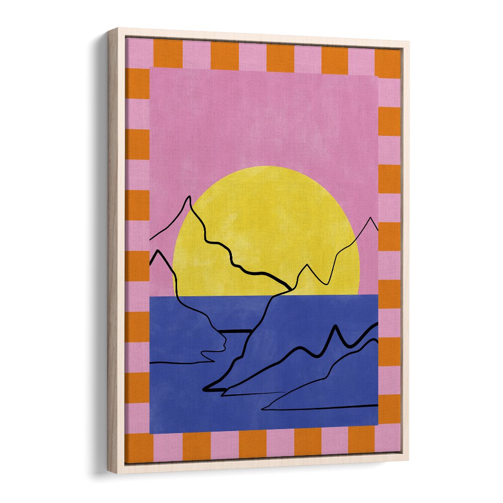 Vibrant DROWNING SUN, LANDSCAPE PAINTINGS by Elena Ristova, showcasing a colorful sunset over abstract mountains.