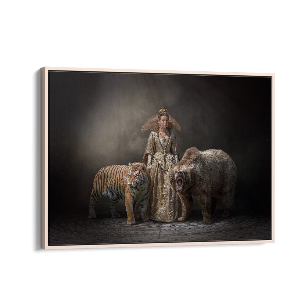 Surreal PRINCESS BEASTS, PHOTOGRAPHY PRINTS featuring a regal figure with a tiger and bear, perfect for art lovers.