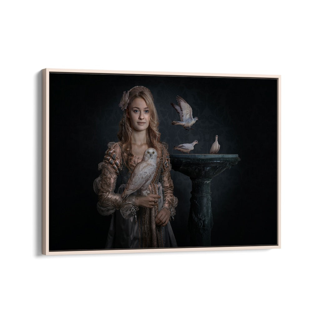 Surreal PRINCESS BIRDS, PHOTOGRAPHY PRINTS showcasing a woman with birds, blending elegance and whimsy.