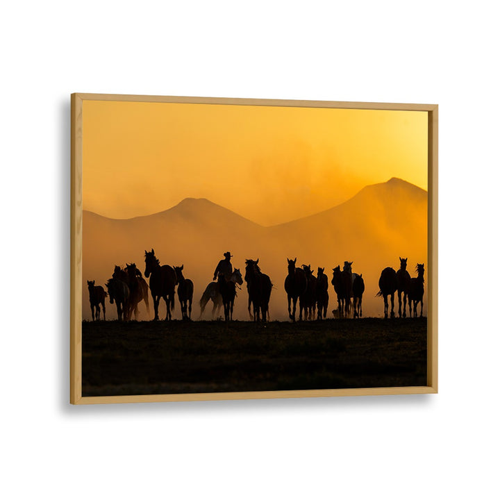 Silhouetted horses and a cowboy against a golden sunset in "AS THE SUN GOES DOWN, PHOTOGRAPHY PRINTS" collection.