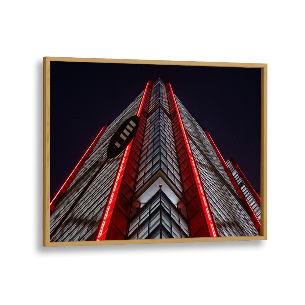 Stunning RED LINE, PHOTOGRAPHY PRINTS showcase urban architecture illuminated by striking red lights at night.