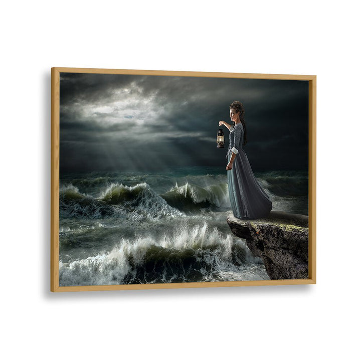 STORM MAID, PHOTOGRAPHY PRINTS depict a woman holding a lantern by stormy seas, evoking a dreamlike atmosphere.