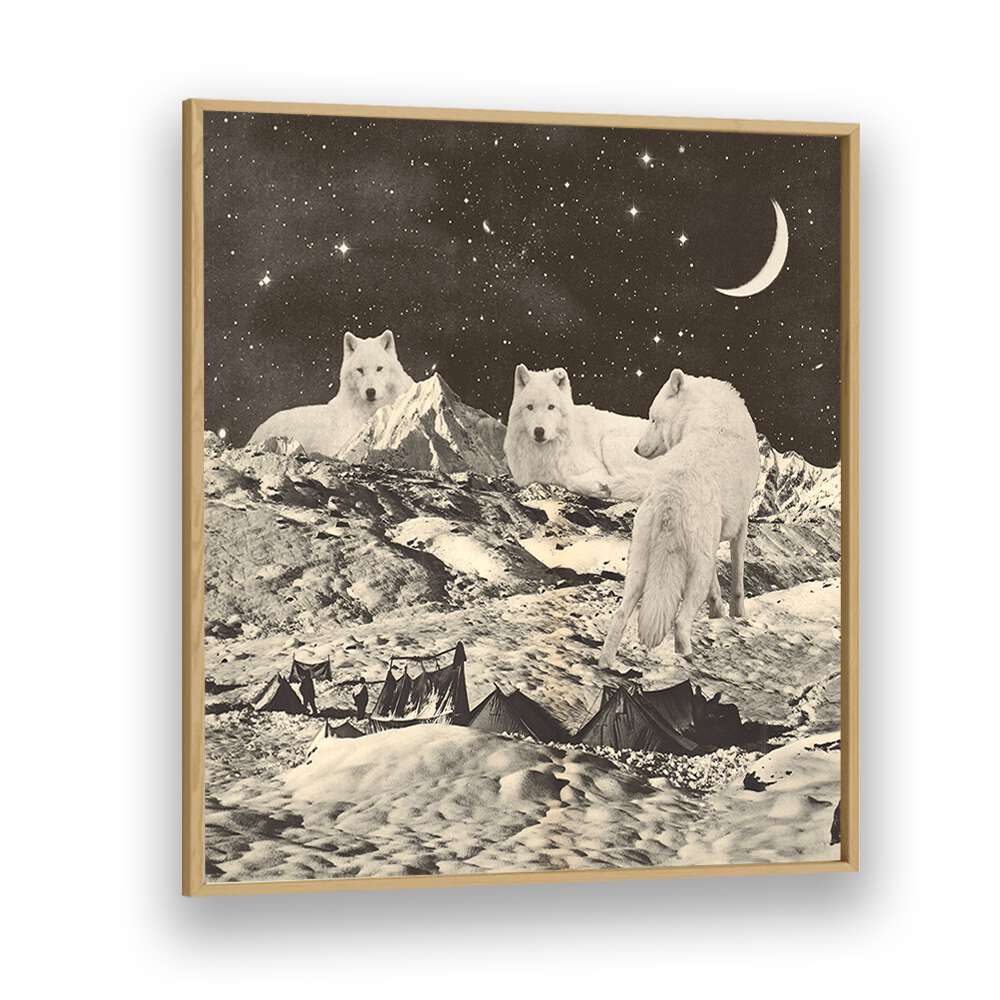 Majestic giant white wolves in a surreal landscape, perfect for art lovers. Explore our surreal art prints today!