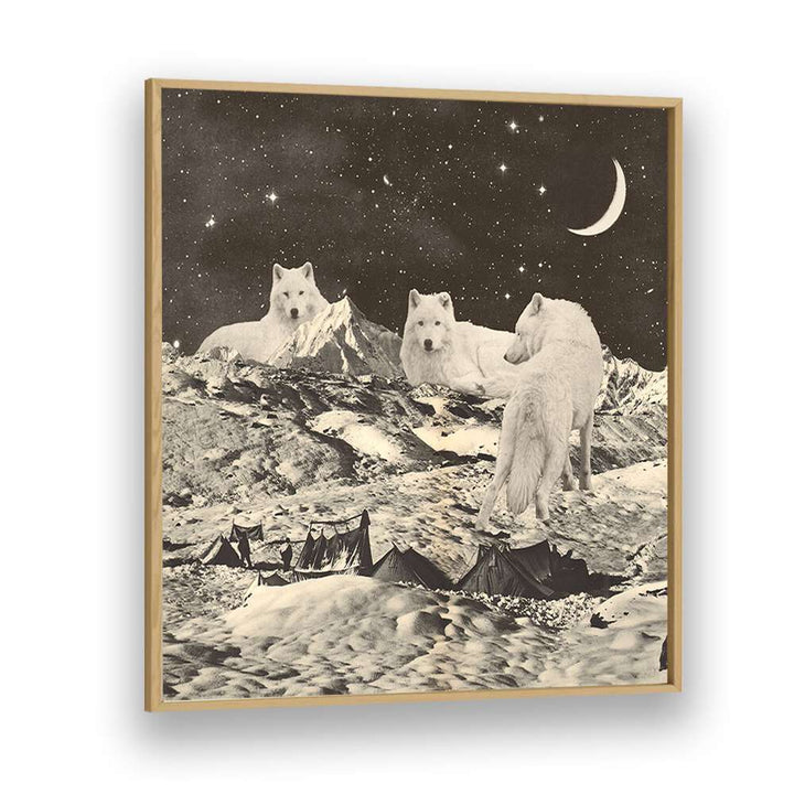 Majestic giant white wolves in a surreal landscape, perfect for art lovers. Explore our surreal art prints today!