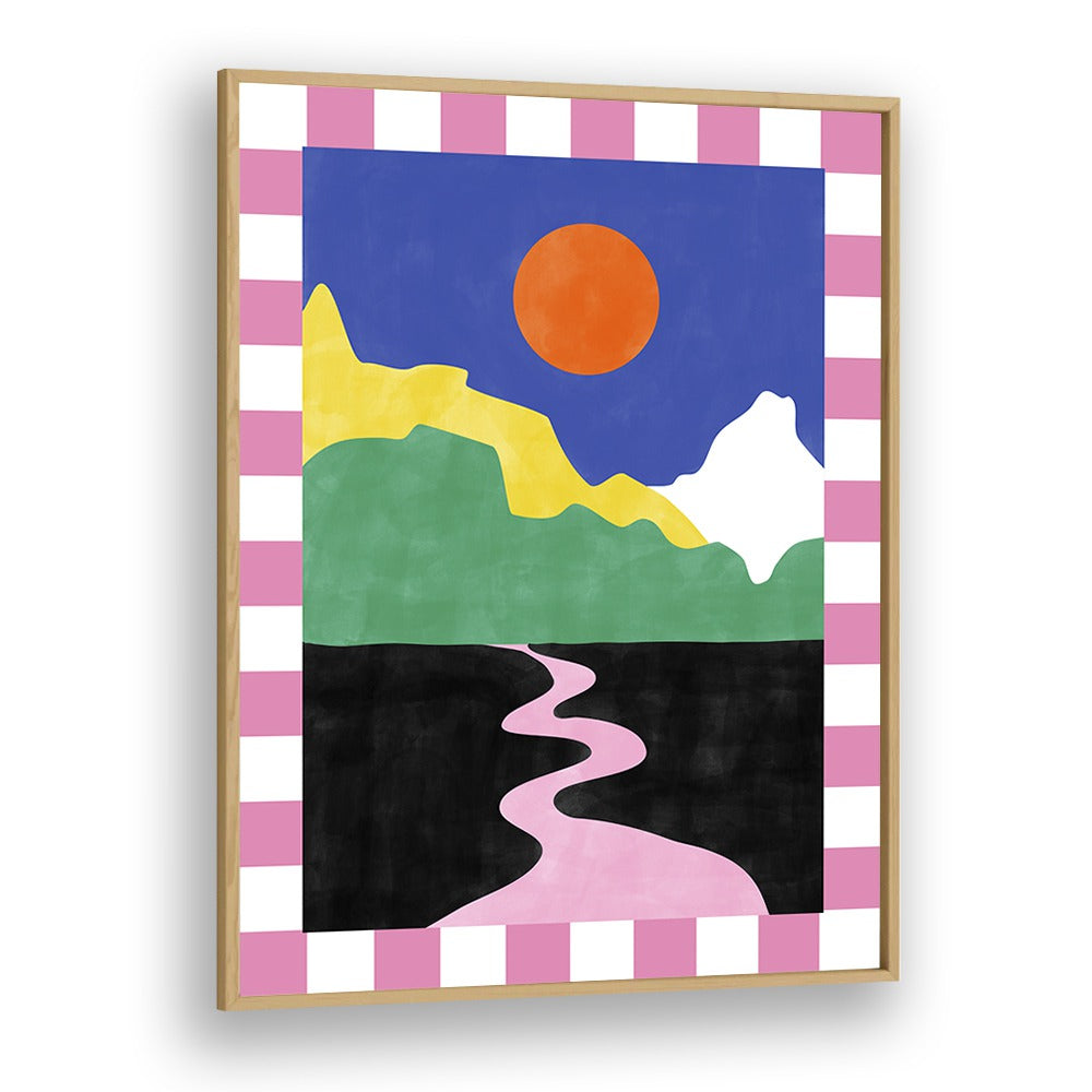 Vibrant PINK ROAD, LANDSCAPE PAINTINGS by Elena Ristova, featuring colorful mountains and a winding pink road.