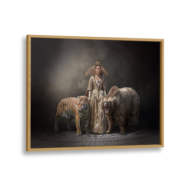Surreal PRINCESS BEASTS , PHOTOGRAPHY PRINTS showcase a regal figure with majestic animals in a whimsical scene.