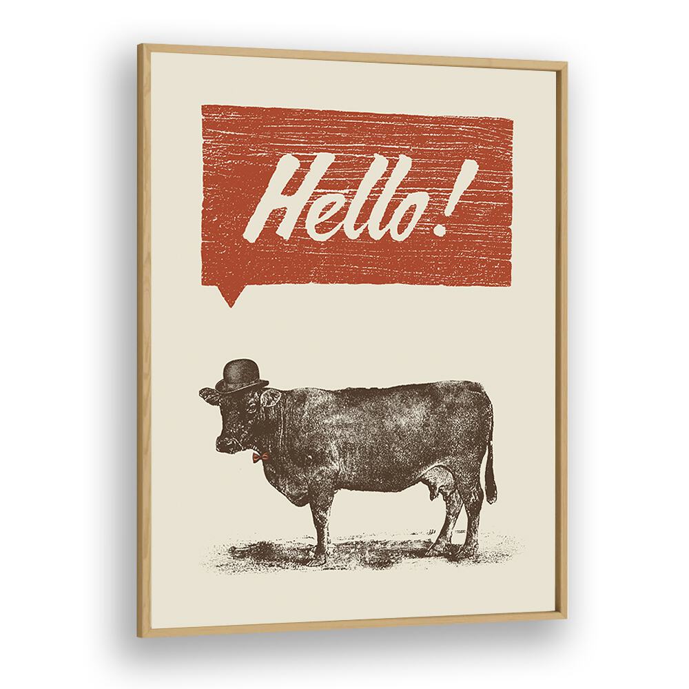 Framed poster featuring a cow with a hat and the phrase "Hello!" for unique HELLO, QUOTES decor by Florent Bodart.