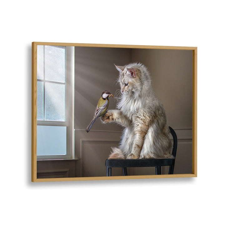 Whimsical HELLO FRIEND, PHOTOGRAPHY PRINTS featuring a cat interacting with a bird, perfect for surreal art lovers.