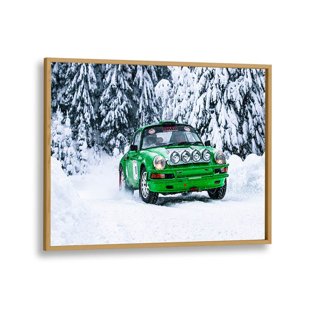 Stunning PORSCHE 911 III photography prints showcasing a green rally car speeding through snowy terrain.